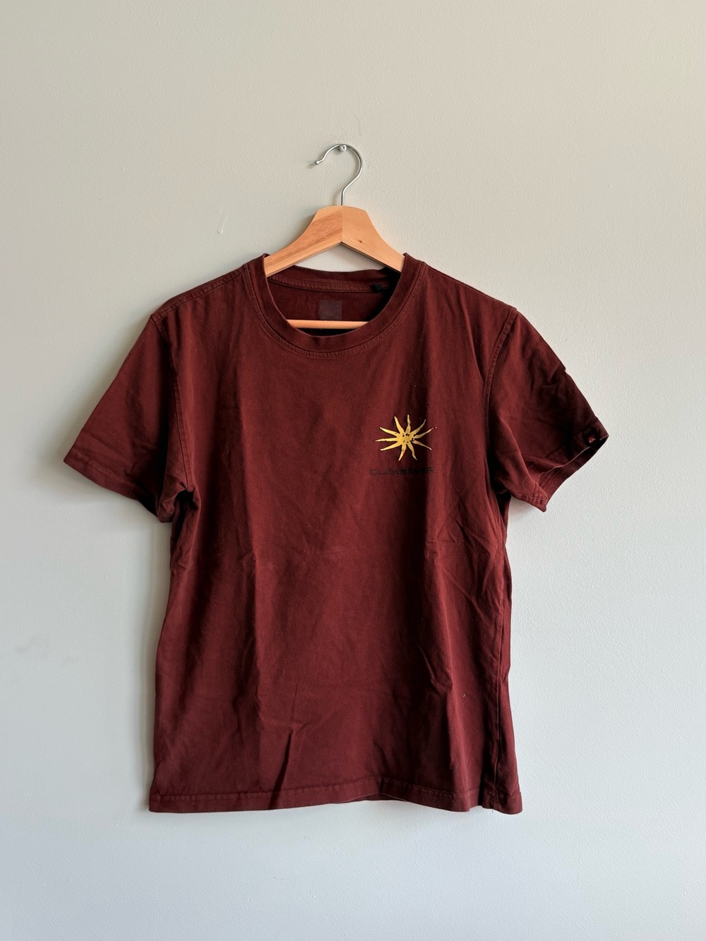 Men's Crewneck T-Shirt in Maroon with Yellow Sun Graphic